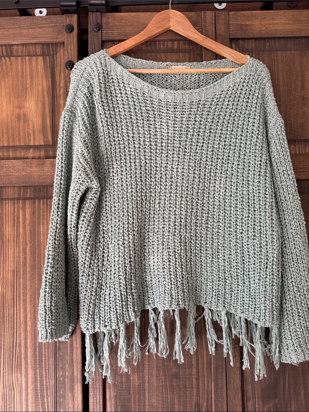 Altar’d State Fringe Hem Knit Sweater - Pastel Green